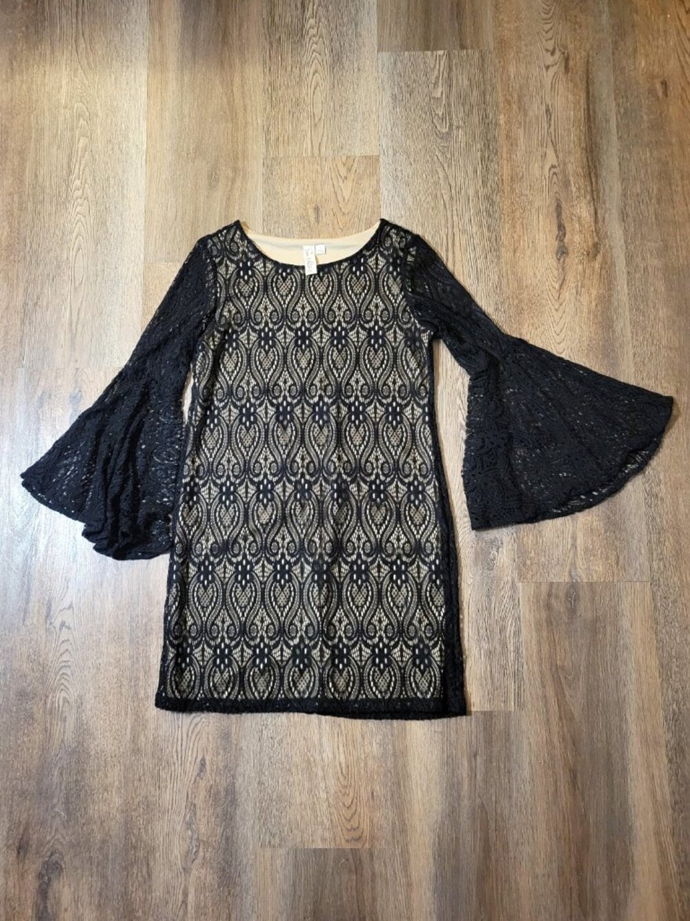 Lace Split Bell Sleeve Shift Dress Womens Medium Black Witch Dark Fairy Goth